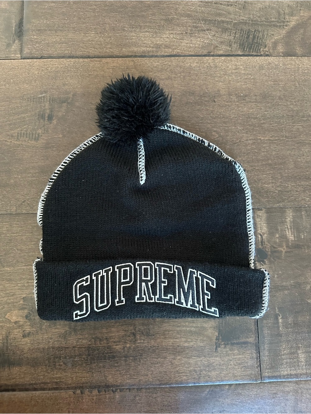 Supreme Black Beanie with White Trim and Pom